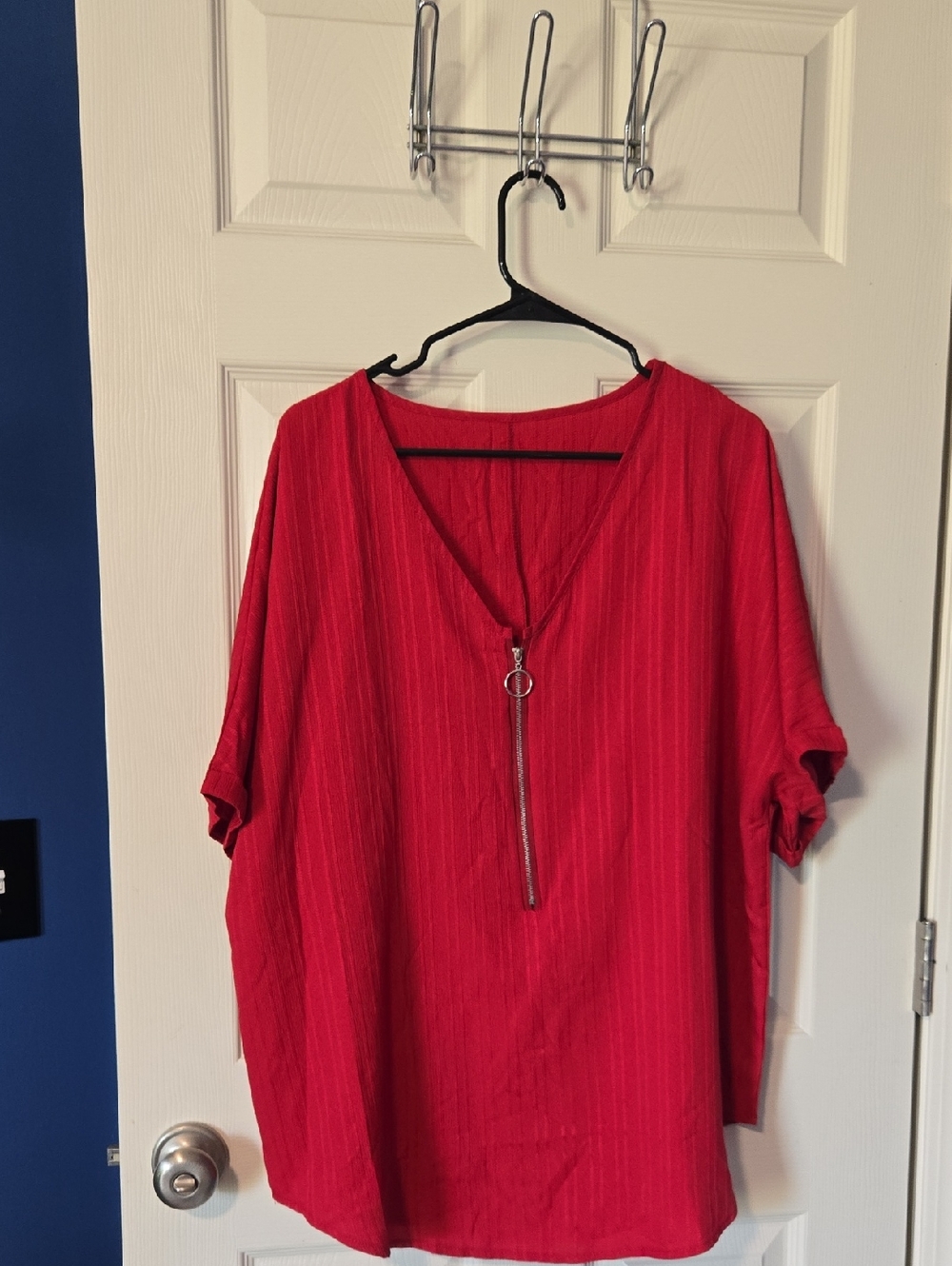 SHEIN Red V-Neck Zip-Front Blouse